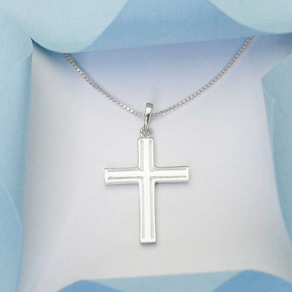 925 Sterling Silver Cross Necklace, Silver Box Chain, Simple 18" Necklace - Picture 1 of 6